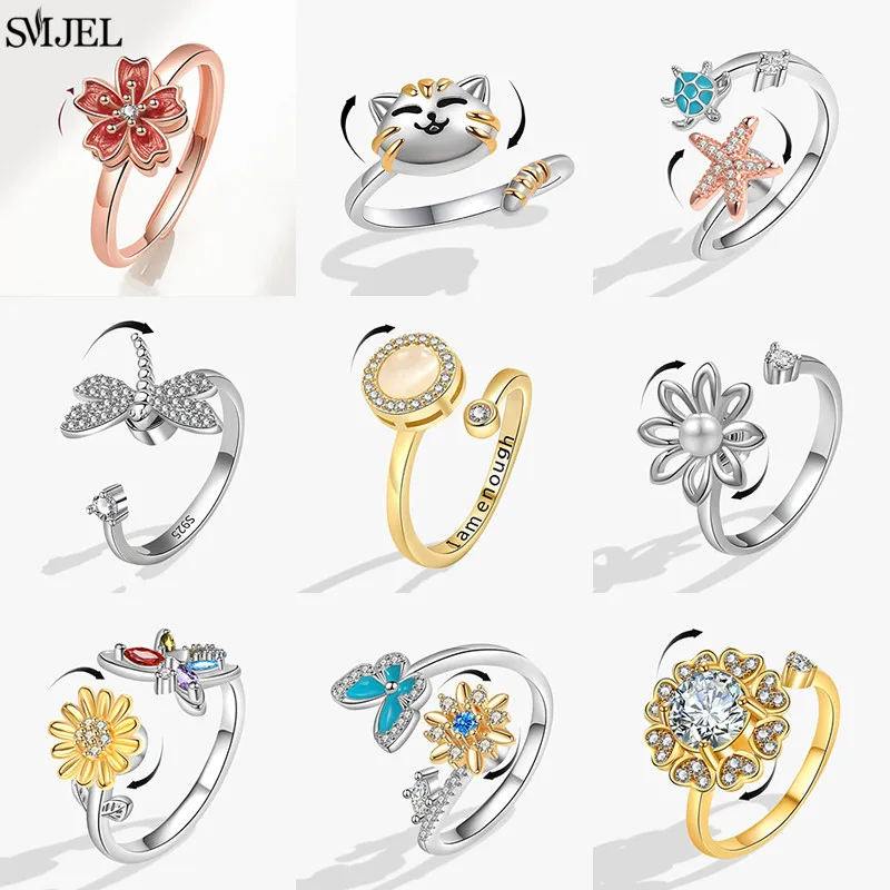 Luxo anti estresse ansiedade anéis fidget spinner anel ajustável para mulheres bonito flor gato estrela do mar anel girando livremente jóias