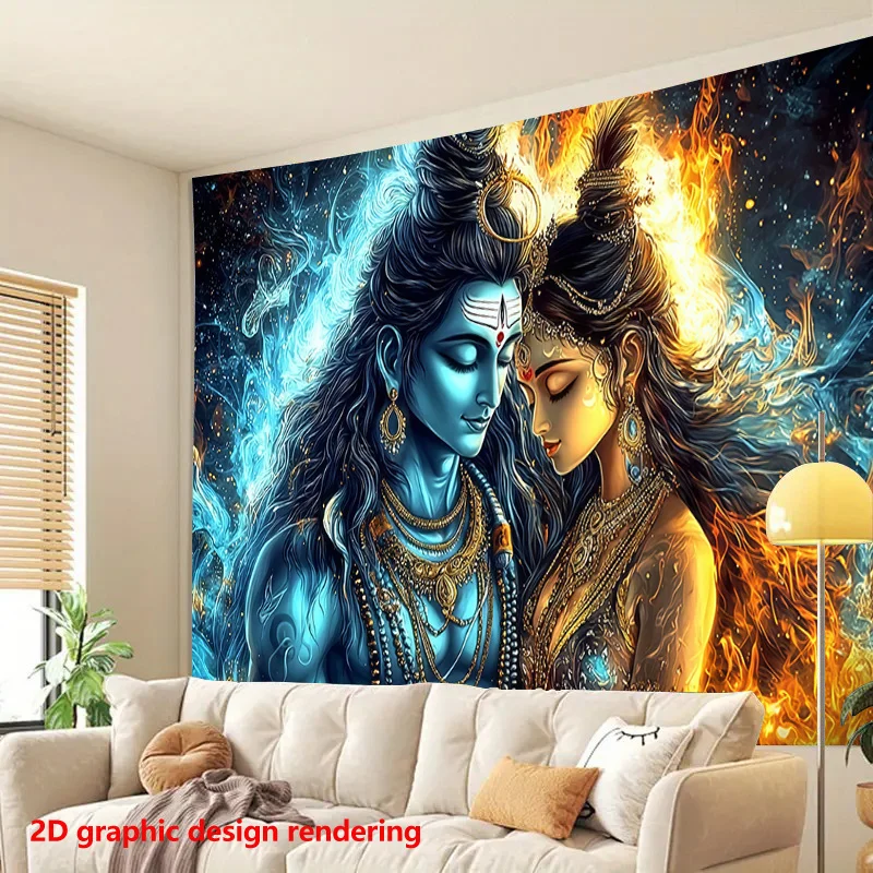 Shiva Parvati Tapestry, Hindu God Goddess Wall Hanging, Blue Fire Art Decor for Bedroom Living Room Yoga Background