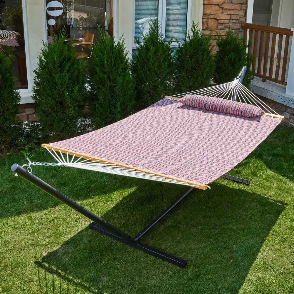 

55'' Width Double Jacquard Hammock with Stand Included Heavy Duty Outside Two Person Hammocks with Hardwood Spreader Bar