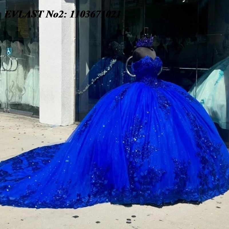 EVLAST Maßgeschneidertes glänzendes königsblaues Quinceanera-Kleid, Ballkleid, glitzernde Spitze, Perlenstickerei, Sweet 16, Vestidos de 15 Anos E2QA89