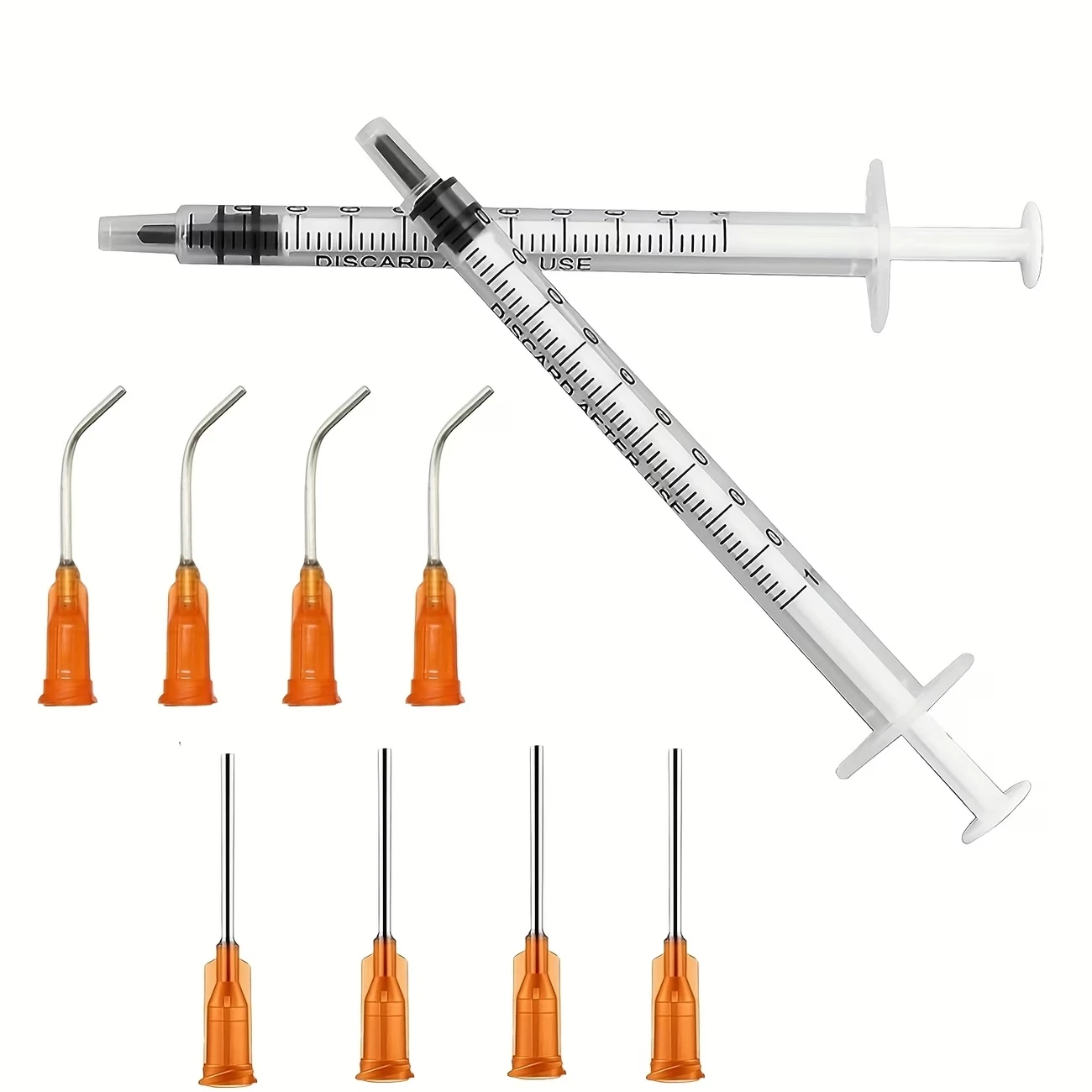 4-Piece 1ml Syringe Set with Curved and Straight Needles, Used for Liquid Measurement in Scientific Laboratories, Pet Feeding, or Oil or Adhesive Application