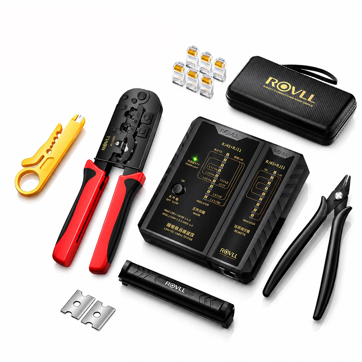 ROVLL RJ45 Crimping Tool Kit Ethernet Cable Crimper LAN Cable Tester Network Tool Set Cable Stripper Punch Down Tool Cat5e Cat6