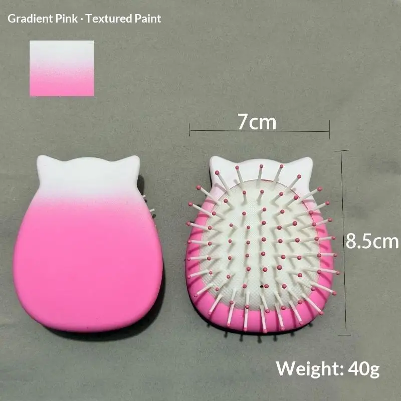 Mini Ombre Pink Cat Ear Detangling Hair Brush With Soft Massage Bristles For Travel Daily Use Purse Carry