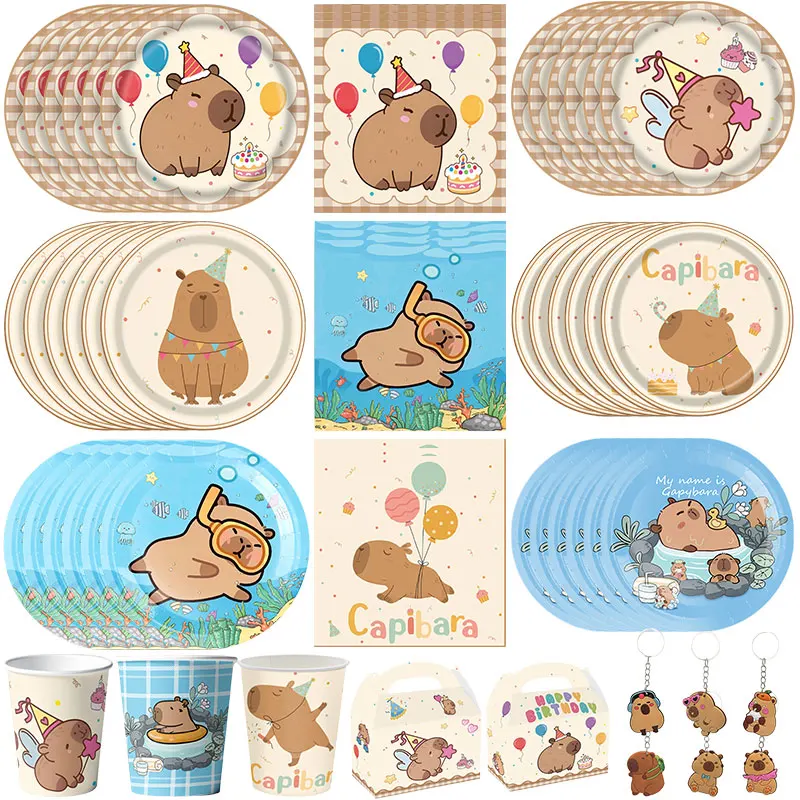Décoration de fête d'anniversaire sur le thème de la capybara, boîte à bonbons, nappe, assiettes, gobelets, toile de fond, fournitures pour événements festifs pour enfants