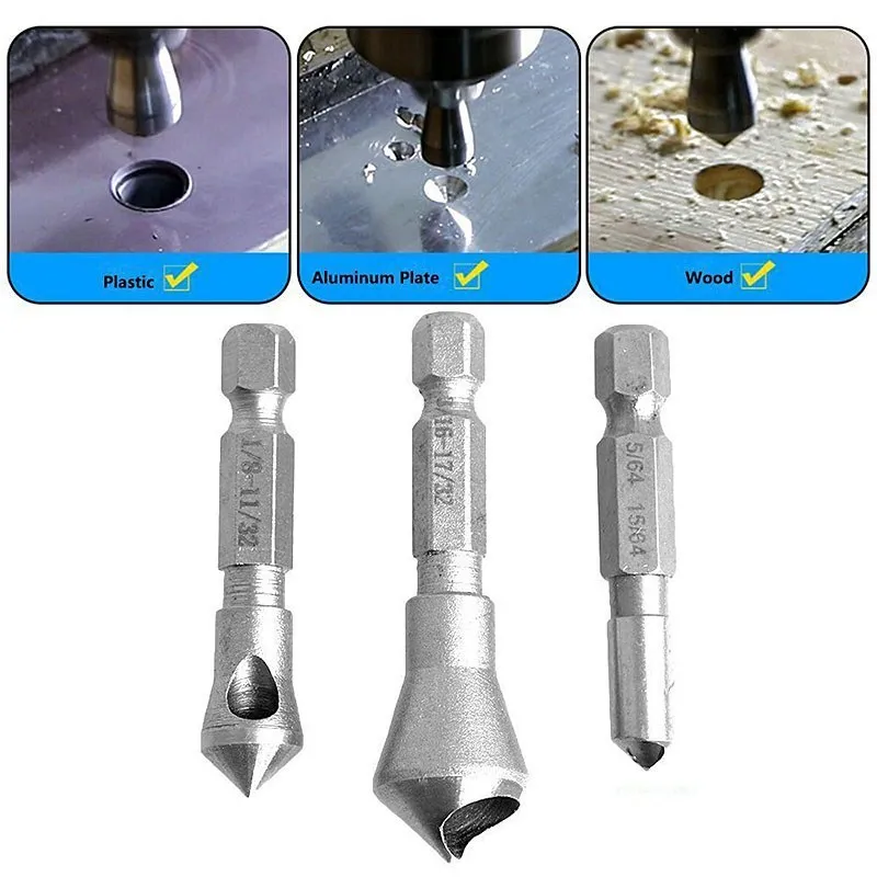 

Набор сверл с шестигранным зенкером, 3 шт., 6,35 мм, быстрорежущая сталь, 90 градусов, стандартная металлическая пила для отверстий, резак для удаления заусенцев, ремонтные электроинструменты