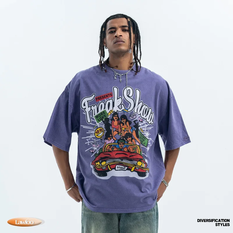 

LawFoo summer and autumn new American street washed old retro print pure cotton loose men and women short-sleeved T-shirt