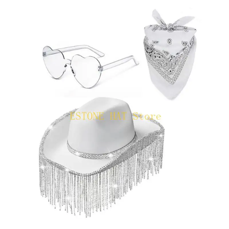 49MF 3pc/set Glitter Cowboy Hat+Heart Sunglasses+Kerchief Wedding Sunproof Hat