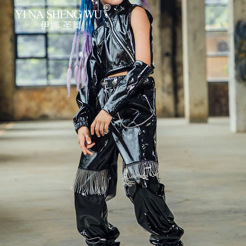 أزياء رقص الجاز للفتيات أزياء الهيب هوب ملابس جلدية سوداء مجموعة ملابس K-pop المرحلة نموذج المرحلة المدرج البدلة