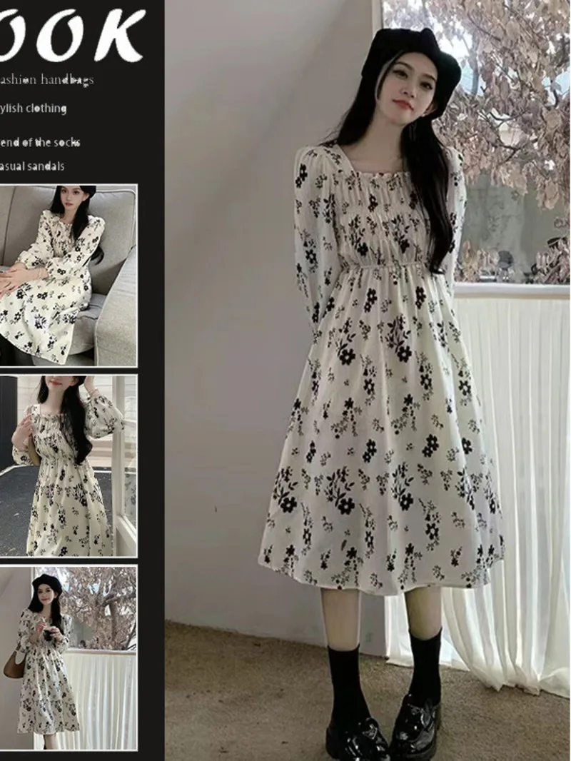 Fashionable and versatile long sleeved floral dress 2024 autumn/winter new style with coat sweet French floral tea dress EC40