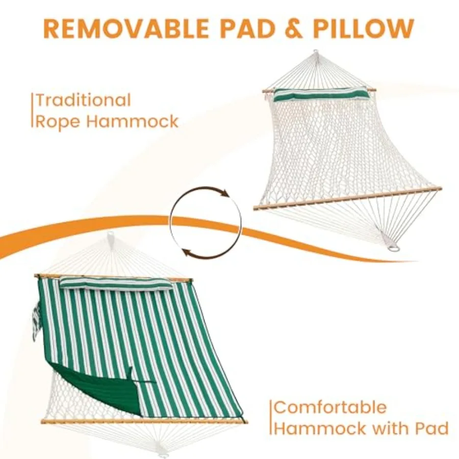 Outdoor rope hammock with pad, spreader bar, carabiners, tree straps, chains; polyester-cotton blend, green stripes; supports 4