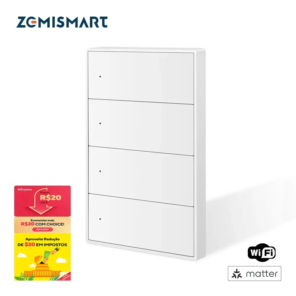 Zemismart Matter WiFi 1 2 3 4 6 Gangs Smart Wall Light Switch Neutral Required with Big Button SmartThings App Homekit Control