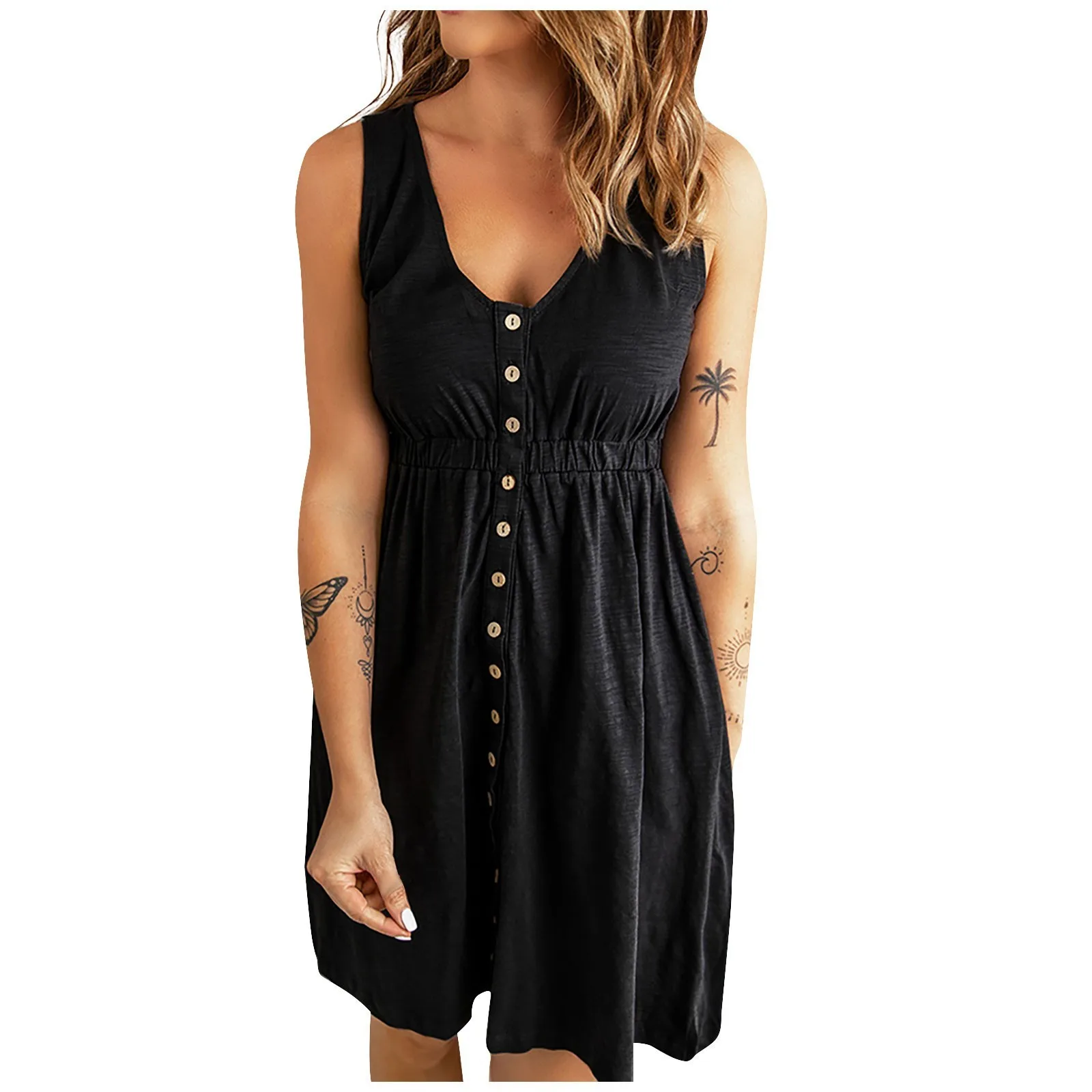 Damen Freizeit kleid Sommer ärmellose Button Down einfarbiges Kleid hohe Taille elastische Taille gerade Swing Tank Kleider