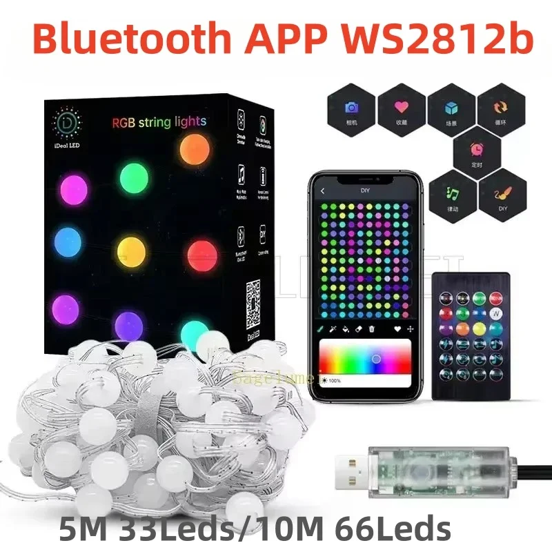 

LED Lighting Strings Fairy Waterproof Round Ball Lamp Bluetooth APP Remote Control 5V USB Music Controller Dream Color Christmas