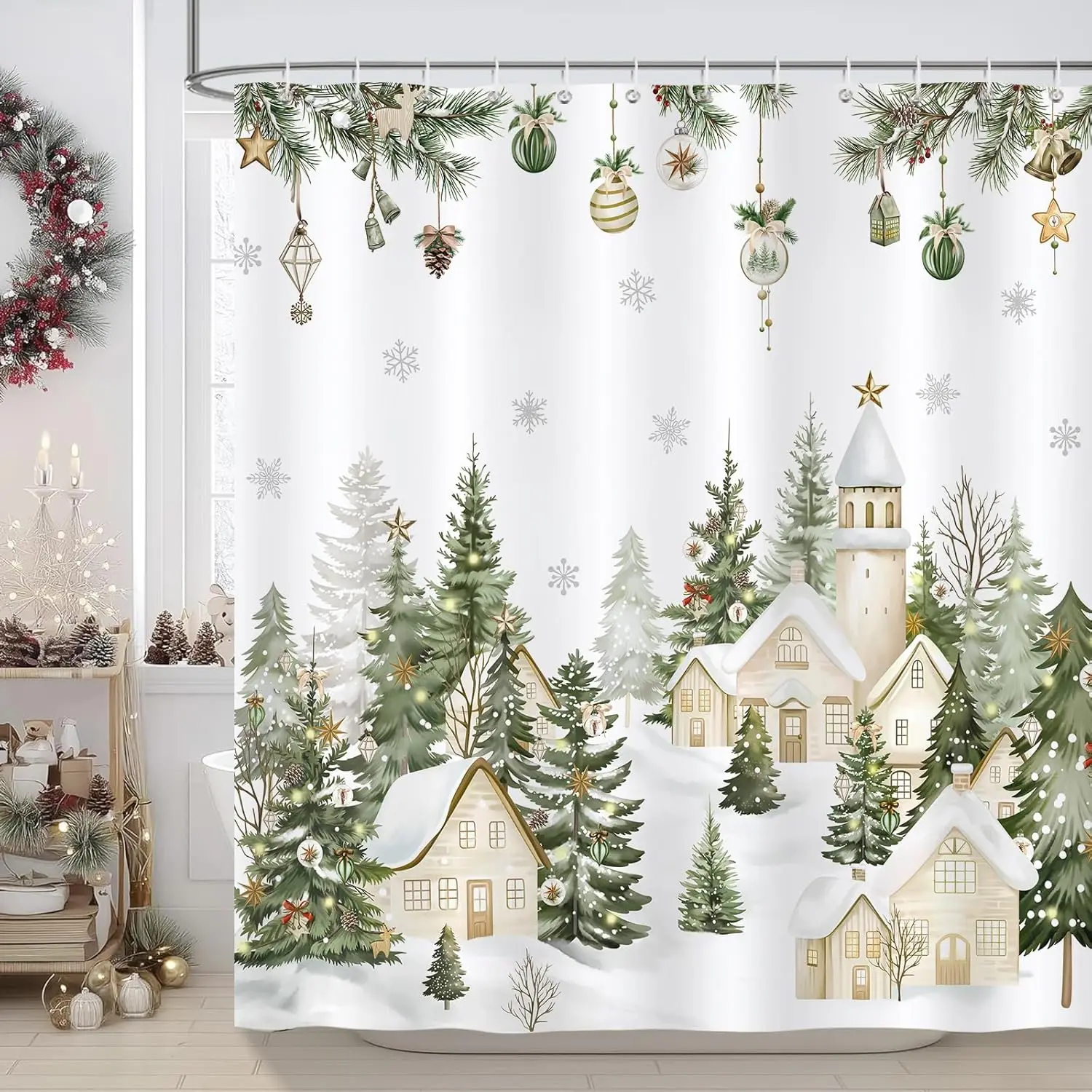 Farmhouse Christmas Shower Curtain, Snowy Xmas Village Cabin Pine Tree Winter Shower Curtain for Bathroom Waterproof Polyester