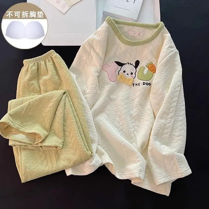 

Sanrio Pochacco Women's Pajamas Set Built-in Bra Autumn Winter Air Cotton Layered Cute Dog Warm Cozy Home Sleepwear Loungewear