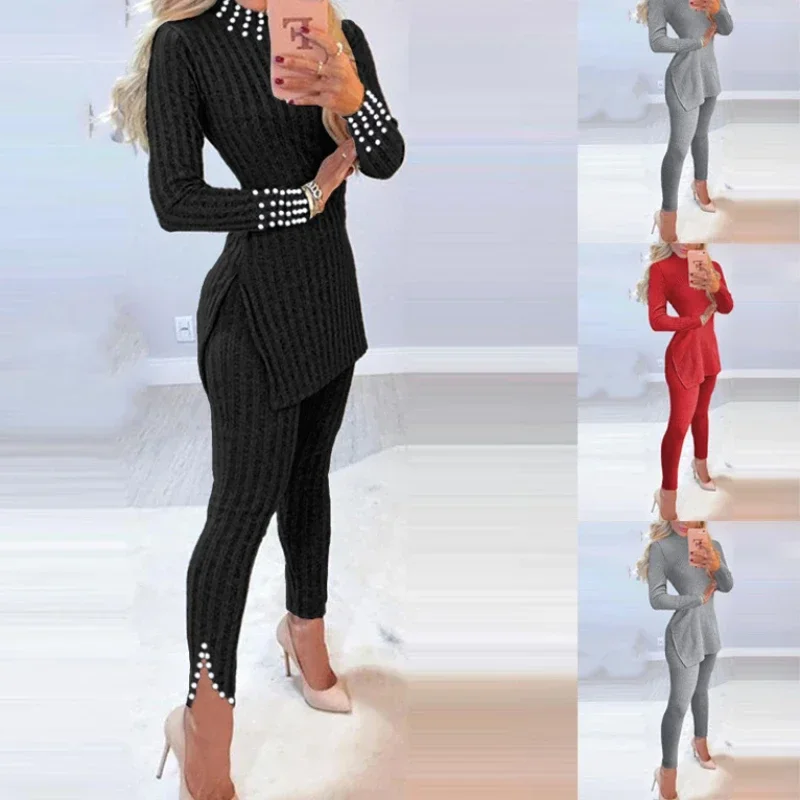 Women Two Piece Sets Pant Sets Sexy Elegant Tracksuit Full Sleeve Tops Sheath Long Pencil Pants Elastic Waist Spring Autumn