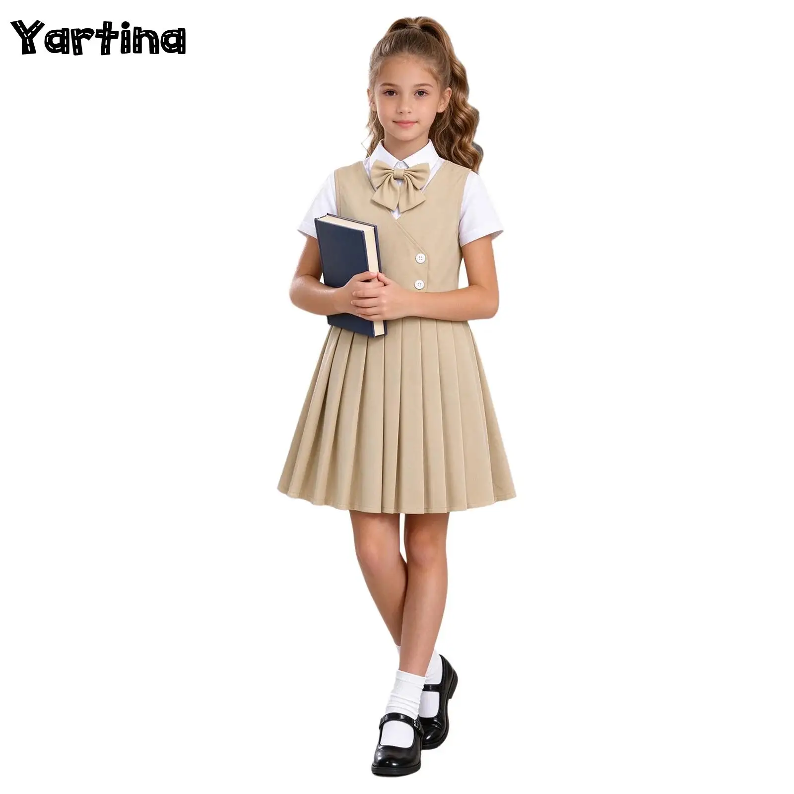 Girls Pleated Jumper Dress School Uniform White Short Sleeve Shirt with Bow Tie Kids Performance Choir Costume Academy Outfit
