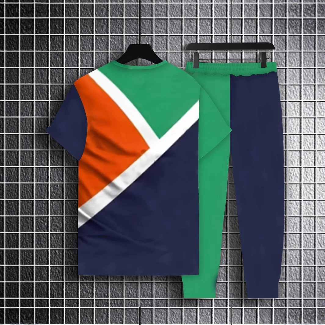 New Mens Casual Short Sleeve Set 3D Digital Printing Colorful Stripes Fashion Short Sleeve  Long Pants Suit.