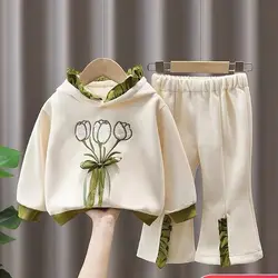 Children's Clothing Sets Tulip Embroidery Lace Hoodie + Pants 2pcs Kids Clothes for Girls 2 To 6 Years Toddler Girl Clothes