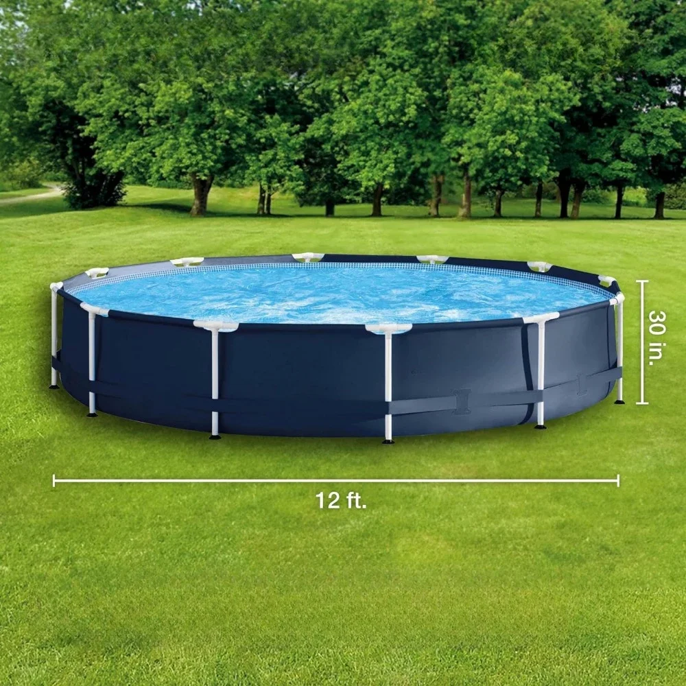 Metal Frame 12 Foot x 30 Inch Round Above Ground Outdoor Backyard Swimming Pool with 530 GPH Filter Cartridge Pump, Navy