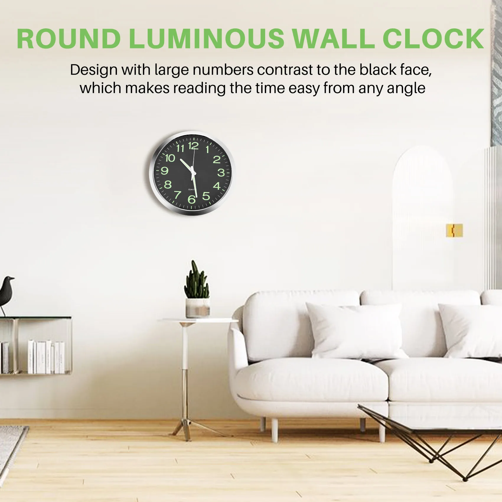 

B59A 12 Inch Round Large Luminous Wall Clock Glow in the Dark Non-Ticking Indoor Decor -Silver