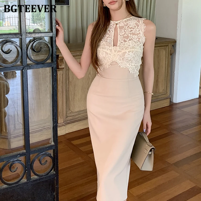 BGTEEVER Sukienka damska w stylu vintage z dekoltem w serek, ażurowa, patchworkowa, koronkowa, podkreślająca biodra, letnia, wyszczuplająca w talii, bez rękawów, obcisła.