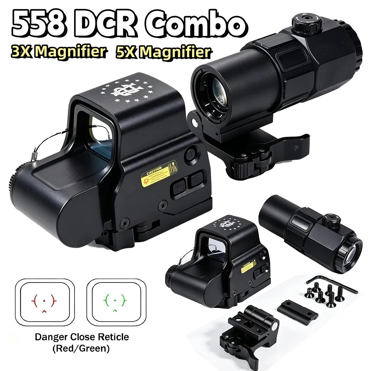 Tactical 558 DCR Hologram Dot Collimator 3X/5X Magnifier Combo Scope Airsoft Optics Hunting Riflescope W/20mm Mount& QD Lever