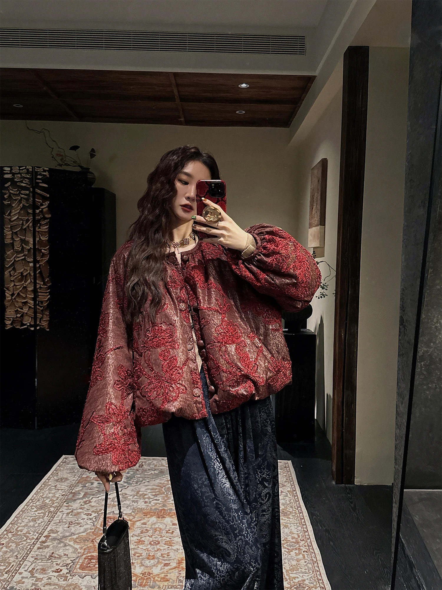 

Sanji Bla Flower New Chinese Sle Goose down Jaet Women's ort Coat Winter Faionable Warm High Waist Long Sve