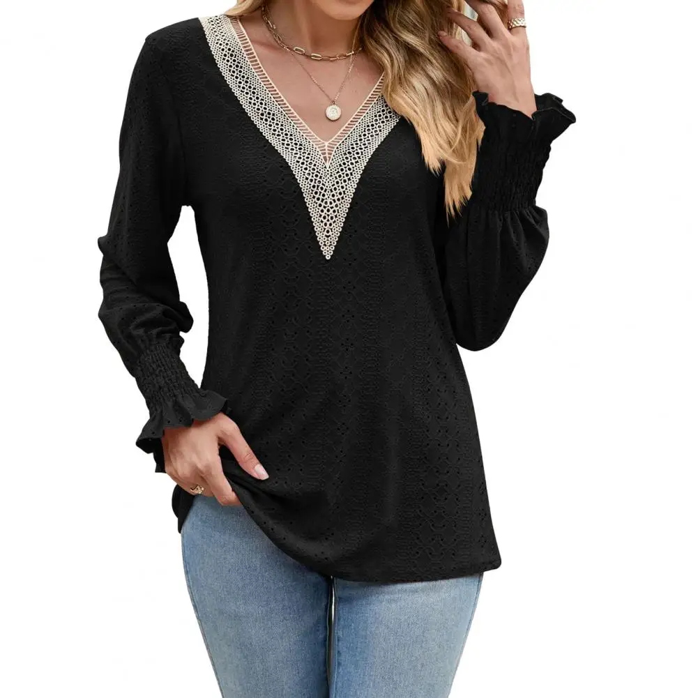 

Solid Color Shirt Elegant Lace Patchwork Blouse with V Neck Ruffle Details Soft Stylish Women's Top for Dating Casual Wear Long