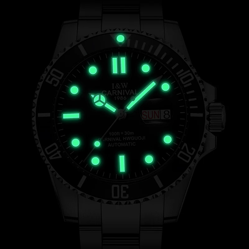 Carnival Brand Fashion Men Mechanical Watch Simple Stainless Steel Automatic Watch Luminous Waterproof Week Date Luxury Watches