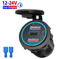 12V Dual QC3.0 USB Port and 30W PD USB C Car Charger Socket with Power Switch for Boat Marine Truck Golf RV