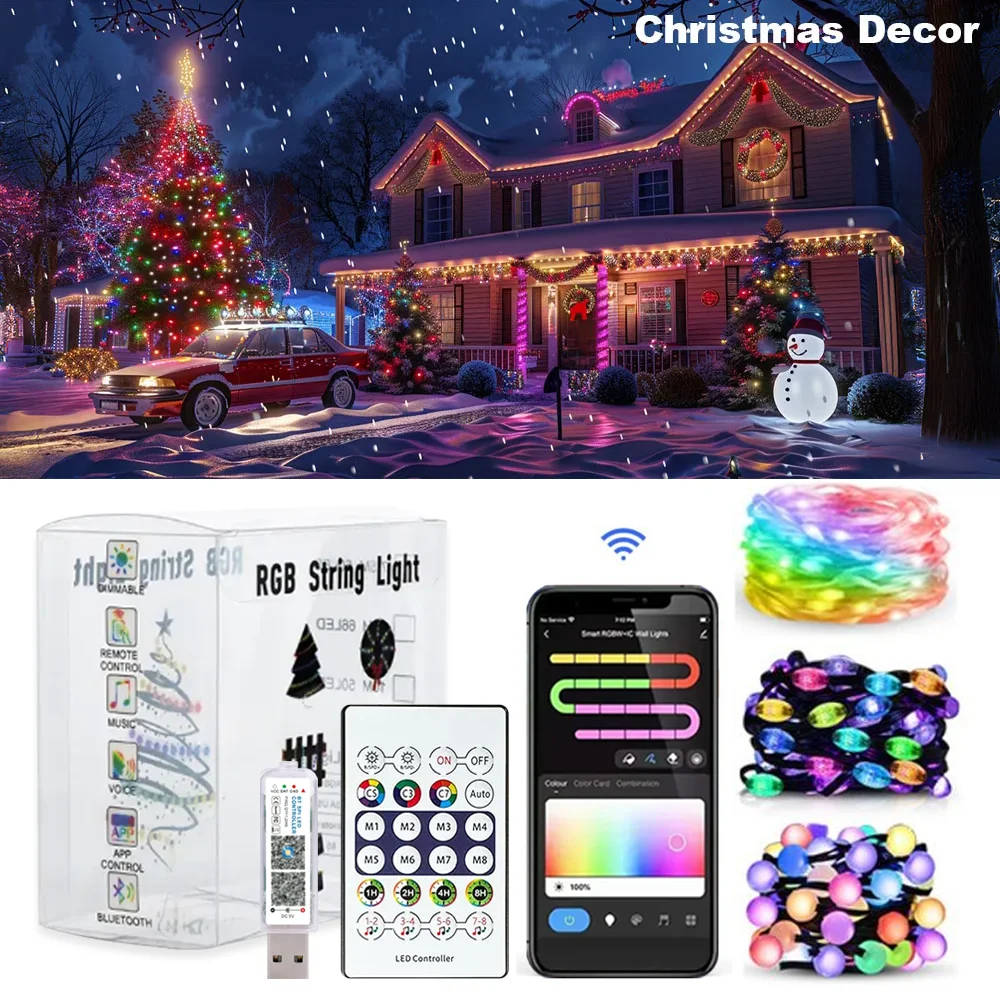Smart RGB USB Christmas String Lights: Bluetooth Remote, Music Sync, Waterproof, for Indoor/Outdoor Room Decoration