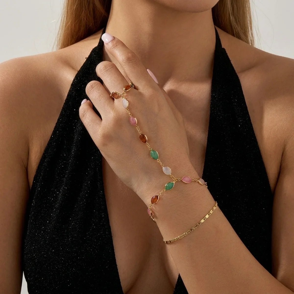 Buntes ovales Harz-Splice-Y-Drop-Halsketten- und Fingerarmband-Set für Frauen, eleganter Vintage-Geometrischer Langer Quasten-Choker-Schmuck – Detail 25
