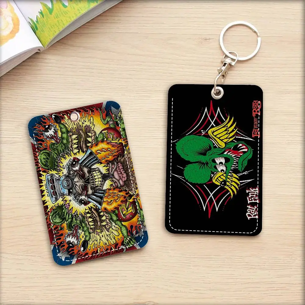 Funny Rat Fink 1Pc PU Leather Card Holder Keychain Key Ring Door Lock Access Tags ID Card Case Keychain Card