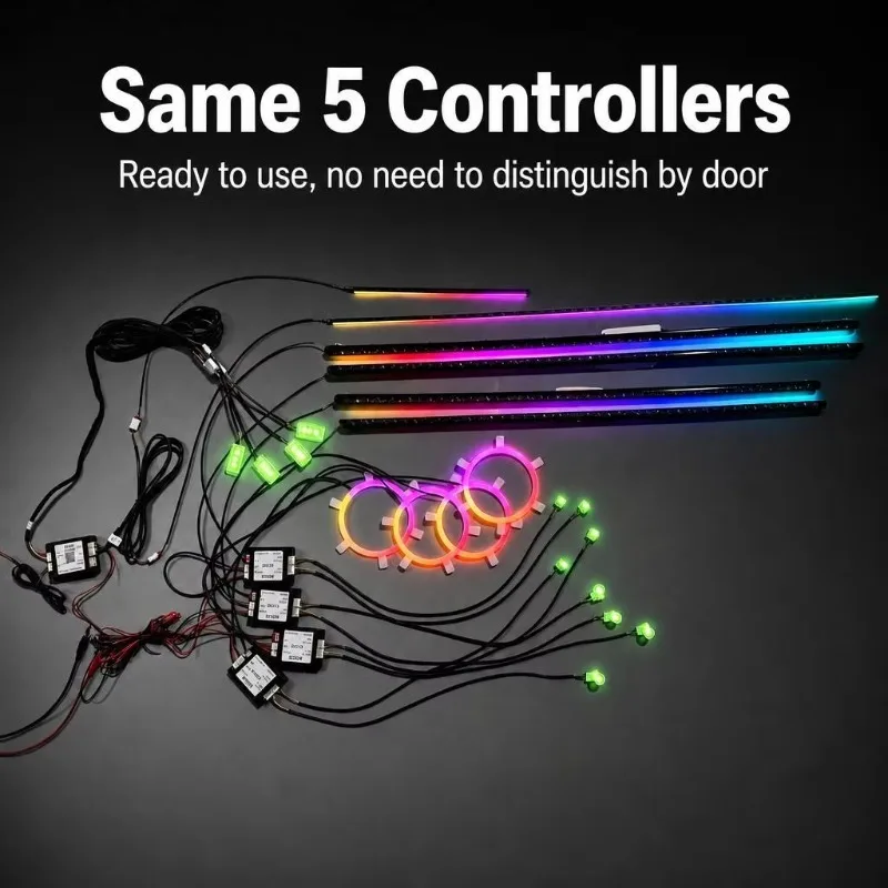 Car Ambient Lighting Kit 18 in 1 Dragon Scale RGB LED 5 Controllers Sync APP Remote Music Door Trim Handle Footwell Storage