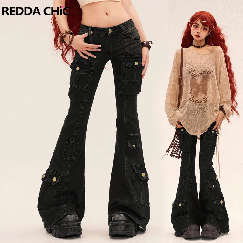 REDDACHiC Women's Low Rise Flare Black Jeans Vintage Whiskers Pockets Tight Stretch Denim Cargo Pants Casual Alt Goth Streetwear