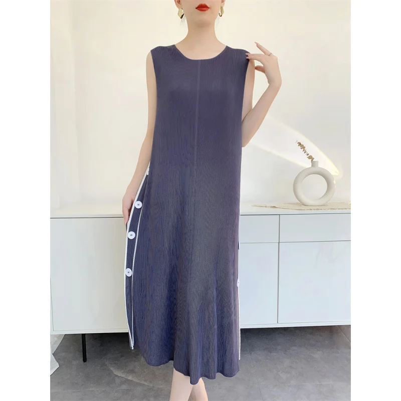 

MIYAKE Small niche design high-end pleated women's vest mid length skirt slimming printed dress Fashion Trends [L-1042F]