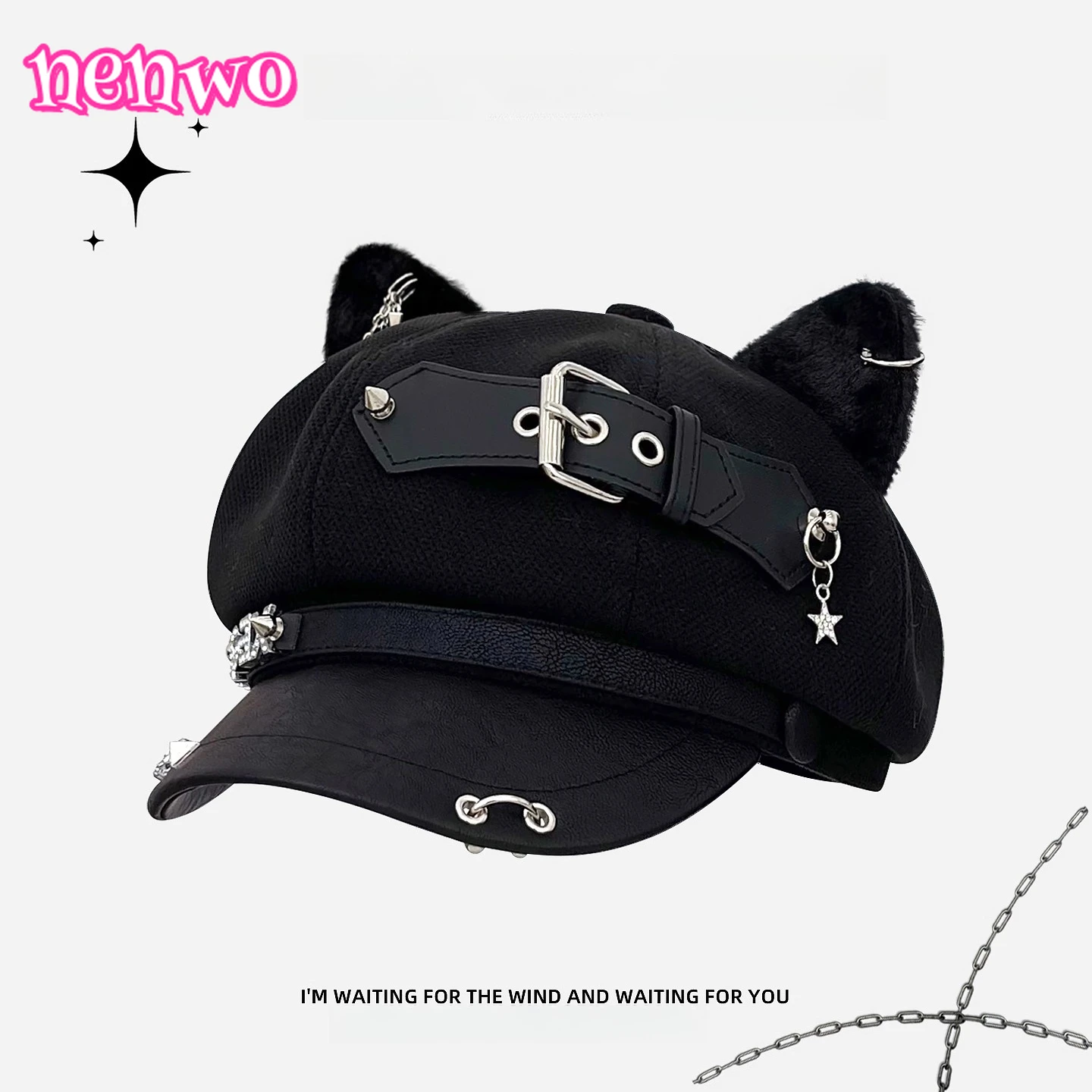 

Оригинальный субкультура в стиле панк, хит продаж, кожаный берет с заклепками и пряжкой, берет с кошачьими ушками, женская нишевая универсальная восьмиугольная шляпа для похудения лица