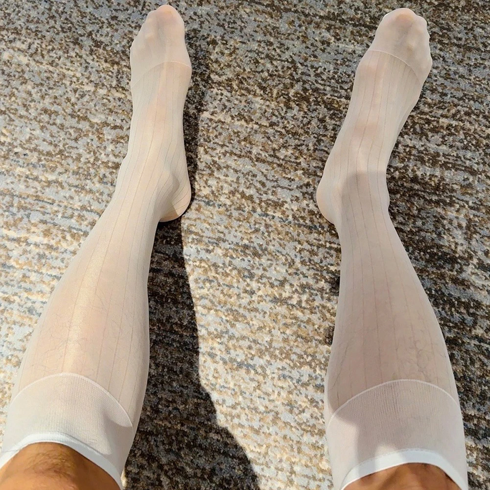 Homens listras vestido tubo transparente meias ultra-finas ultra fino lingerie sexy formal wear meias de negócios ver através de meias estiramento