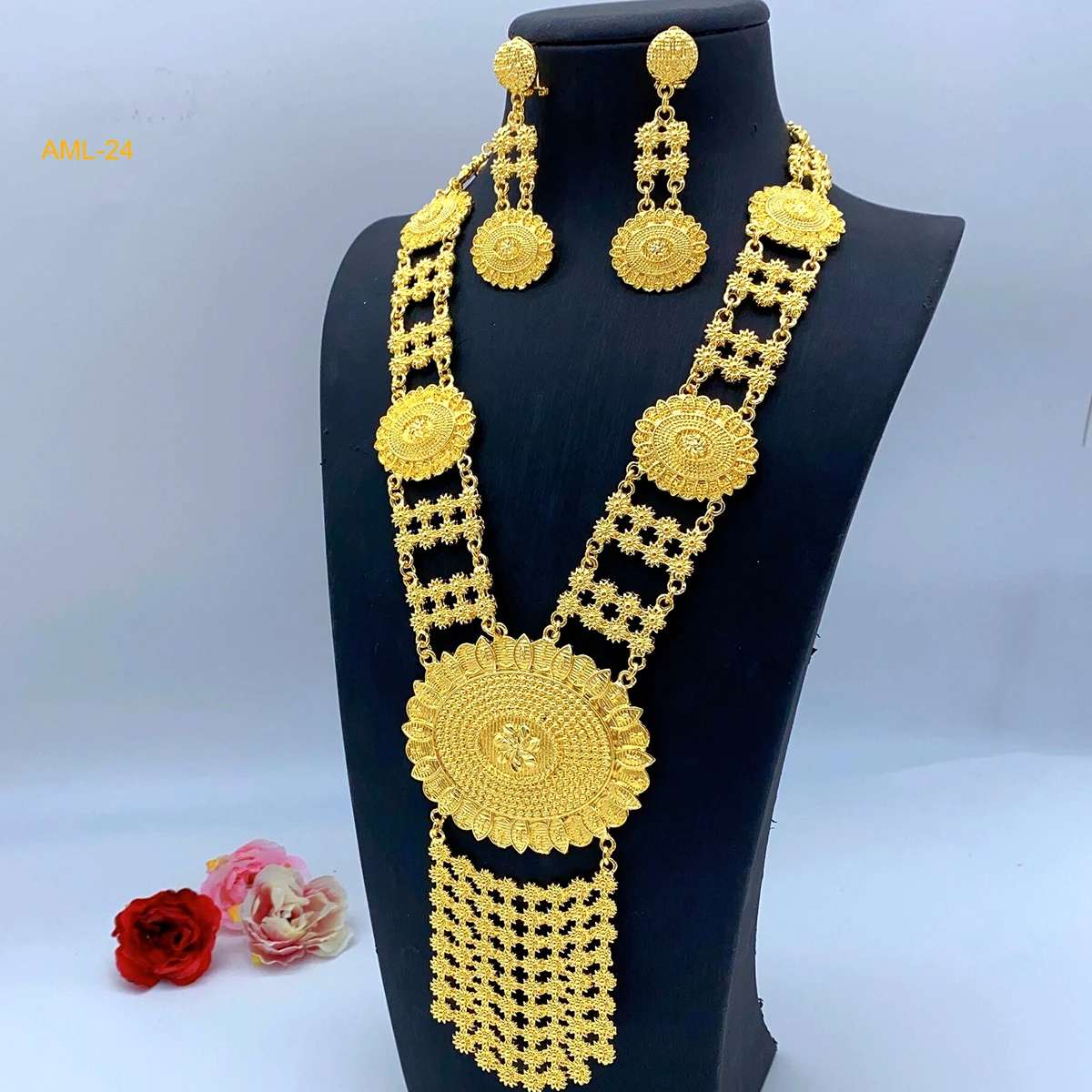 ANIID Indian Fashion 24k Gold Color Charm Necklace And Earrings Set African Wedding Jewelry Sets Bridal for Dubai Party Gifts