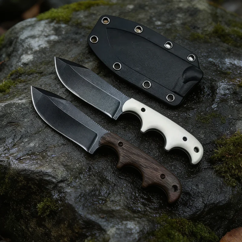1PC Outdoor Camping Straight Knife - Washed Blade, Rivet Reinforced, Durable, Hiking, Mountaineering