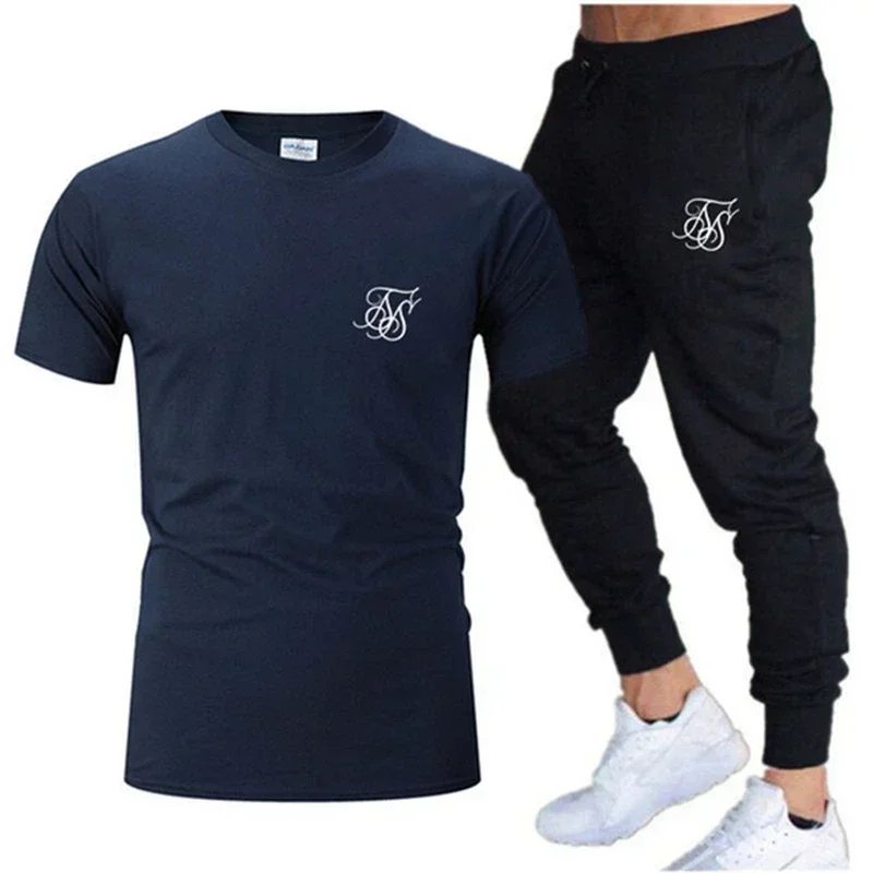 2024 New Sik Silk Men\'s Summer Casual T-shirt + Pants Two Casual Tracksuit Suit Men\'s Sports Fitness Brand Clothing Sports Suit