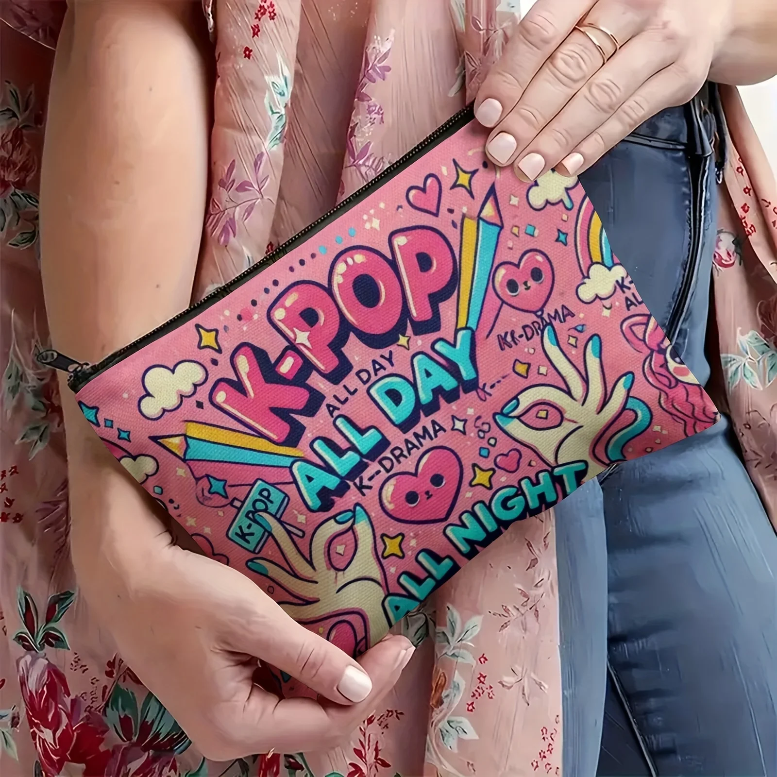 K-Pop Makeup Bag with Korean Drama Characters & K-Drama Phrases - Inspired Foldable Travel Toiletry Case