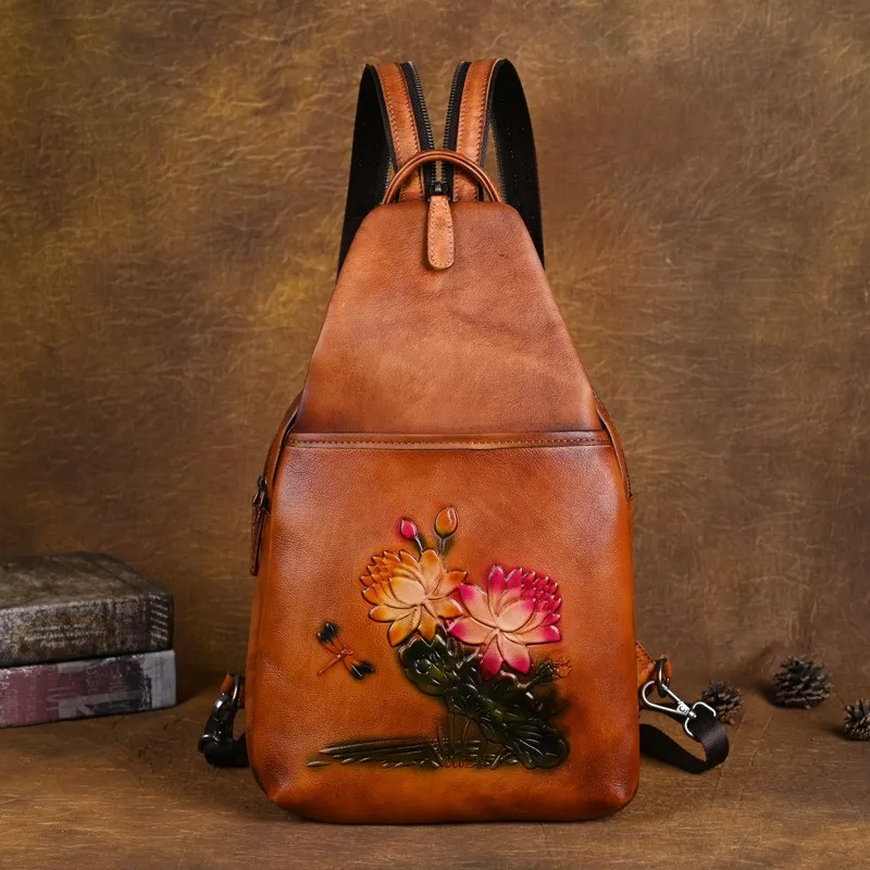 

Johnature Genuine Leather Embossed 2024 New Women Backpack Shoulder Bag Retro Large Capacity Natural Cowhide Travel Backpacks