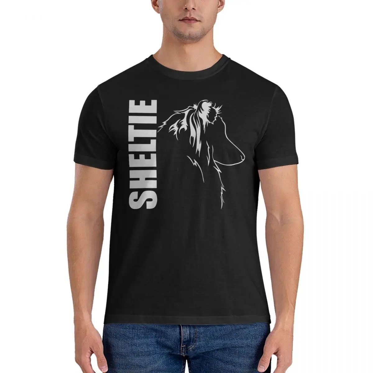 Shetland Sheepdog Dog Profile Herding Dog T-Shirts Men Sheltie Humor 100% Cotton Tee Shirt Round Collar Short Sleeve T Shirts