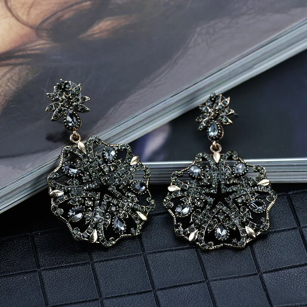 Sunspicems Antique Gold Color Turkish Drop Earrings Bohemia Women Gray Crystal Earring Vintage Wedding Accessories