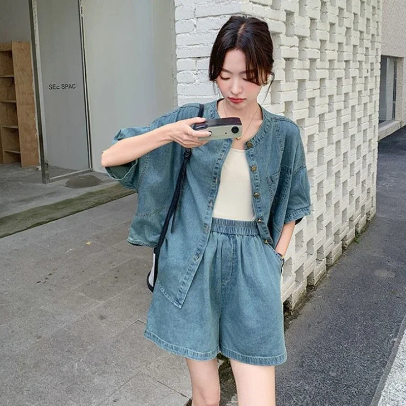 Elastic Waist Woman Shorts Denim With Jacket Office Short Sets for Women 2 Pieces Outfit Trends Top and Bottom Novelties Luxury