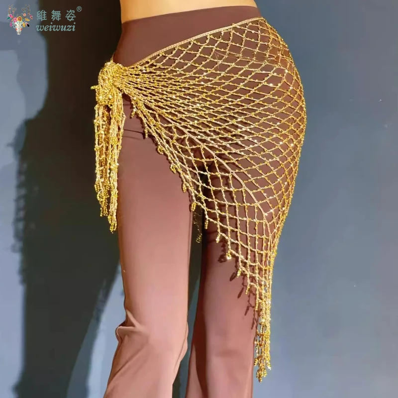Novo lenço de quadril para dança do ventre, rede de pesca com lantejoulas, cachecol triangular para mulheres, corrente de cintura oriental, acessórios de dança
