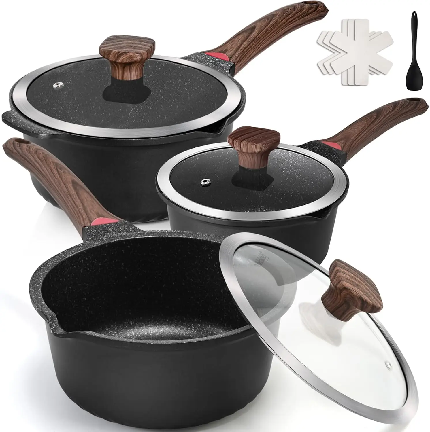 

10-Piece Nonstick Saucepan Set with Lids, 2QT+3QT+4QT, Induction Compatible, PFAS-Free, Black