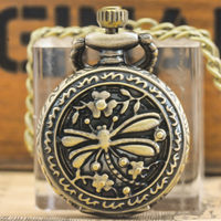 Small, Retro Bronze Steampunk Dragonfly Engraved Small Quartz Pocket Watch Necklace Pendant Clock Chain Men And Women Chain Gift